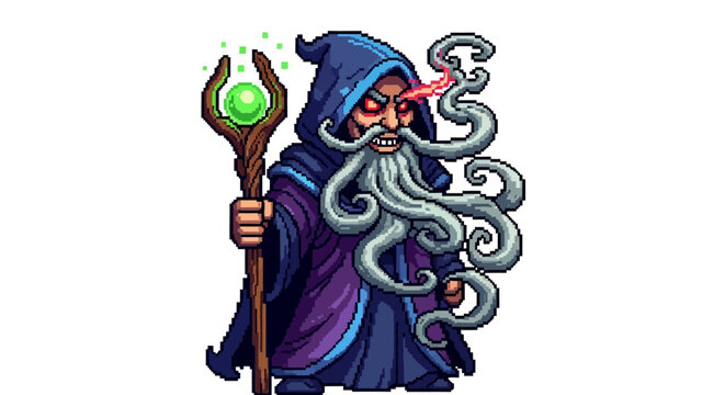 Mysterious Wizard with Glowing Staff and Tentacle Beard.