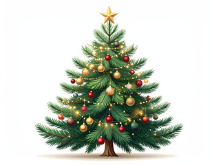 Fototapeta premium A beautifully decorated Christmas tree with glowing lights and ornaments, featuring a golden star topper, set against a clean white background, evoking a festive and warm holiday spirit