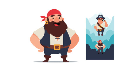 Fototapeta premium Bearded cartoon pirate captain wearing a red bandana and navy vest standing confidently with hands on hips against a plain white background.