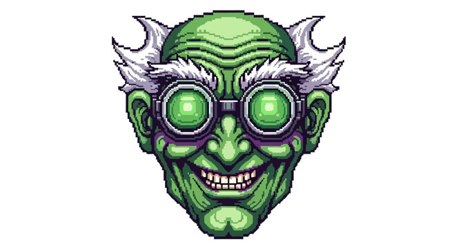 Mad Scientist Green Character Face with Goggles.
