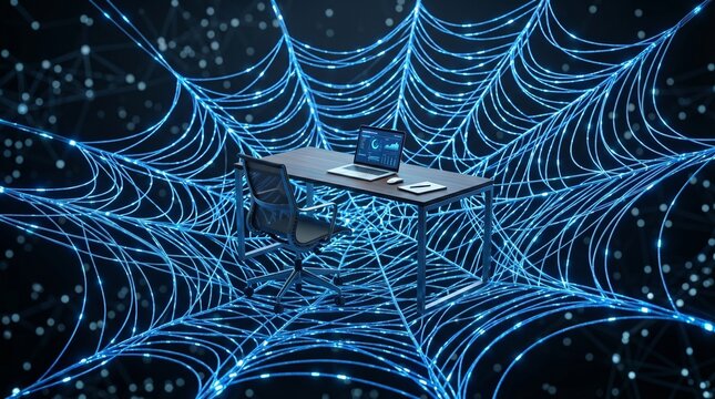 Surreal visual pun of world wide web concept with glowing blue spiderwebs covering a modern office desk