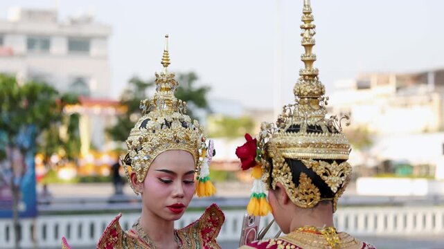 Thai Khon Dancers in Traditional Costume and Golden Chada Headdress