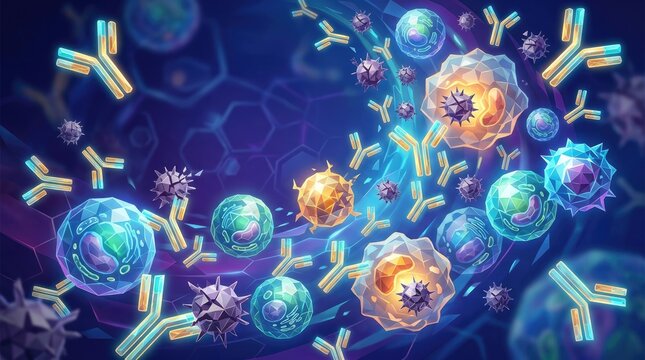 Immune System Illustration: A visually striking illustration of the human immune system, showcasing cells and antibodies in a detailed, vibrant representation.