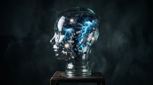 Surreal visual pun of a brainstorming concept with a glowing electric lightning storm inside a crystal robot head