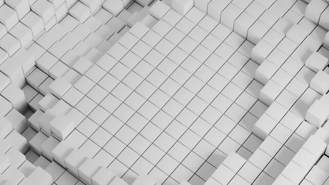 White cube grid geometric loop background with central empty space and abstract 3D blocks for technology, UI and corporate design