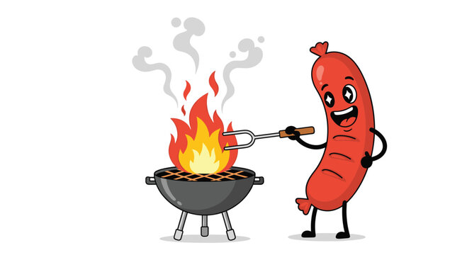 Grinning cartoon sausage character holding a fork and grilling itself over a small charcoal barbecue with flames and smoke.