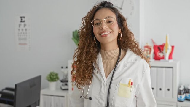 Woman doctor adjusts glasses and smiles, stethoscope on chest with pen in labcoat pocket, eye chart and anatomical model visible in a building clinic office; confidence.