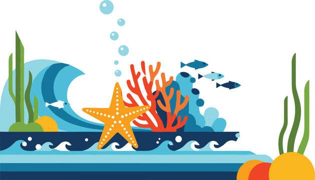 Underwater Ocean Scene with Starfish, Coral, Fish, and Waves for Marine Life and Beach Themes