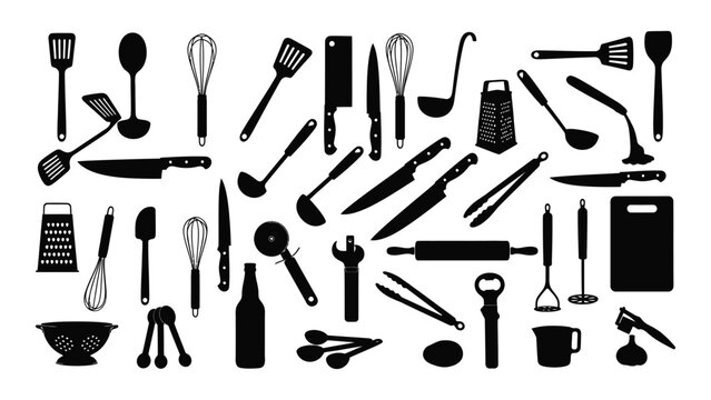 A collection of black silhouette kitchen utensils including knives spoons whisks and graters high quality professional