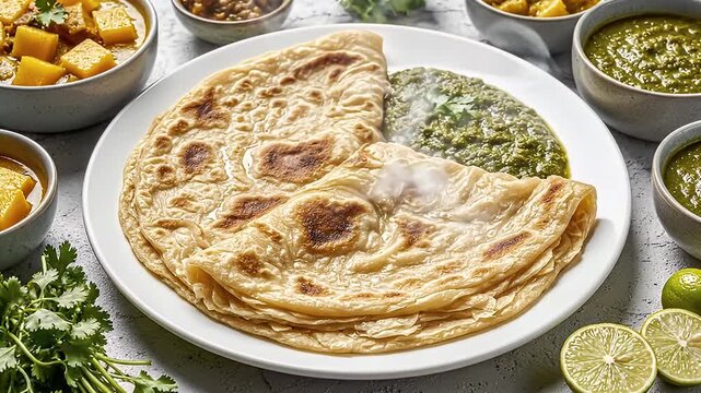 Indian Cuisine Platter with Paratha, Curries and Condiments