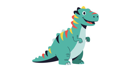Obraz premium Friendly green dinosaur character with yellow and red spikes on its back walking happily against a plain white background.