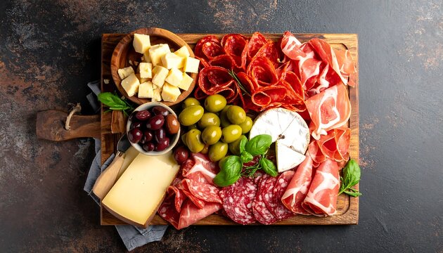 Assorted cured meats, cheeses, and olives arranged on a wooden board