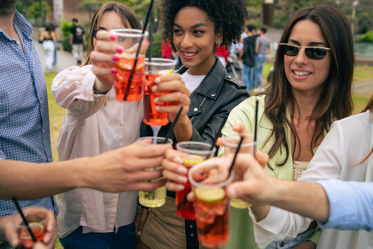 Friends toast with drinks at an outdoor gathering celebration