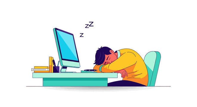 Man sleeping at desk in front of computer screen.