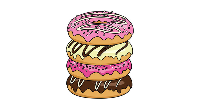Tower of four delicious donuts with various colorful glazes like pink strawberry and dark chocolate stacked neatly in a tasty display.