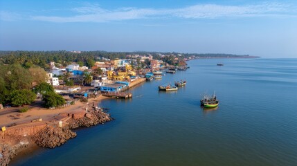 Fototapeta premium Aerial View of Coastal Town with Colorful Houses, Fishing Boats, and Calm Waters Under Clear Blue Sky