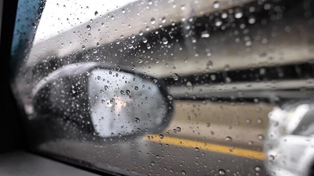 Rain drops on car window looking at side mirror while driving on wet road during heavy rain.