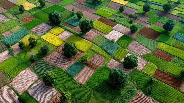 Aerial View of Lush Green Agricultural Fields with Varied Crop Patterns and Trees in the Countryside