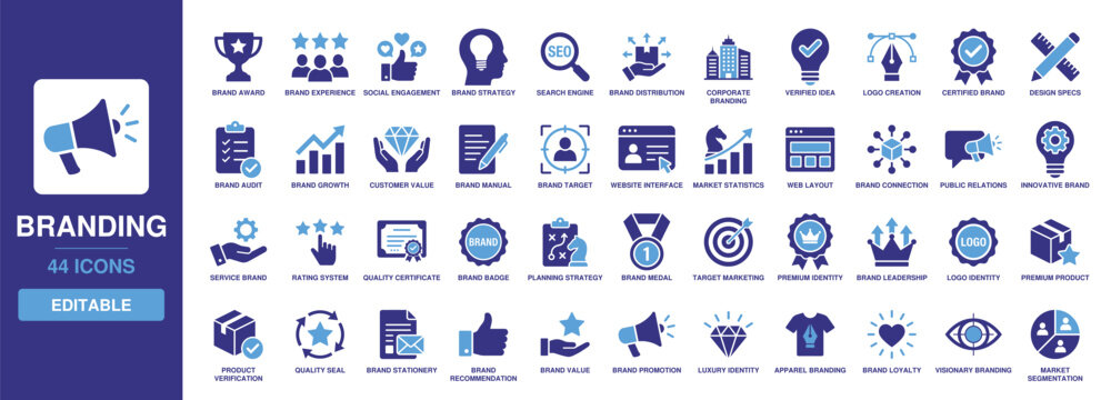 Branding icon set featuring solid glyph vectors for logo design, brand strategy, marketing target, corporate identity, quality certificate, premium product, and market statistics.