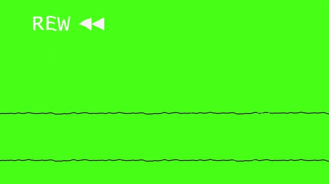 REW text and a double arrow rewind symbol isolated on a green screen. VHS tape rewind arrows icon symbol icon effect and noise. 