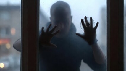 Naklejka premium Silhouette of a Person Pressing Against a Foggy Window at Night