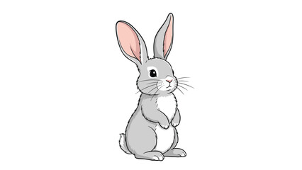 Fototapeta premium Gentle grey rabbit standing on its back legs and looking around with curious eyes on a plain white background.