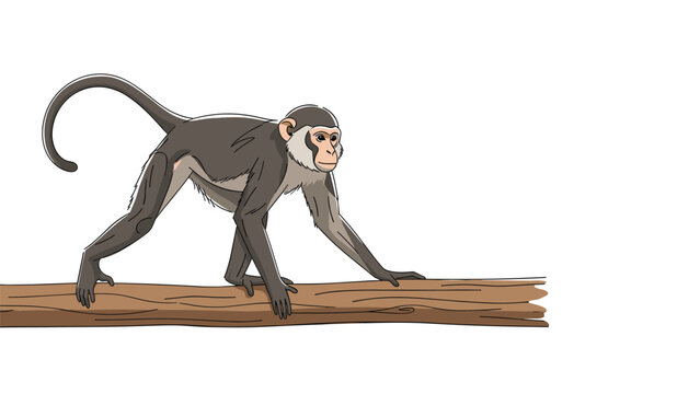 Nimble grey monkey character walking along a thick tree branch with a long curled tail against a white background.