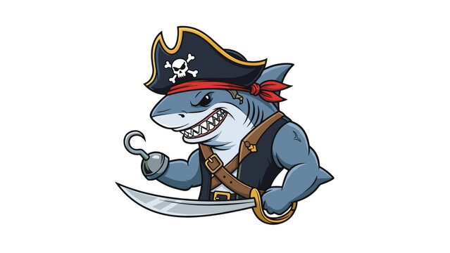 Tough pirate shark character wearing a captain hat and carrying a sword and hook stands ready for a high seas ocean adventure.