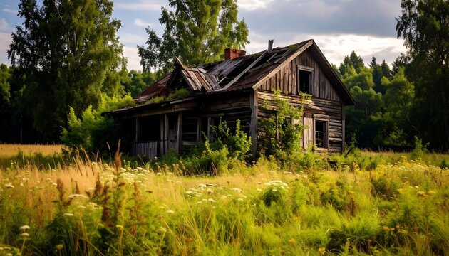Dilapidated wooden house amid overgrown field and trees under a cloudy sky, evocative of decay and natural reclamation