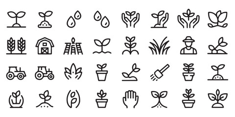 Fototapeta premium Comprehensive Farming and Gardening Line Icon Collection for Agricultural Design