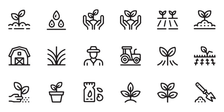 Agriculture and Farming Line Icon Set Featuring Barn, Tractor, and Seedlings