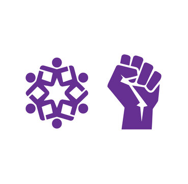 Purple icons of people unity and protest fist with white background