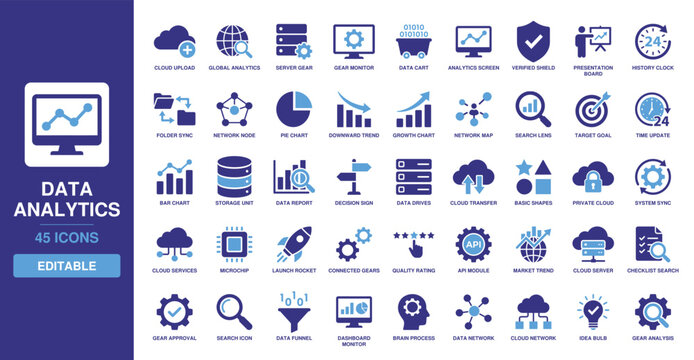 Data analytics icon set including growth chart, pie chart, dashboard monitor, cloud report, target goal, system sync, market trend, and bar graph statistics.