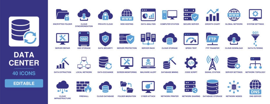 Data center icon set with solid glyph designs for server rack, cloud storage, network security, data analysis, database backup, system settings, firewall, and web hosting services.