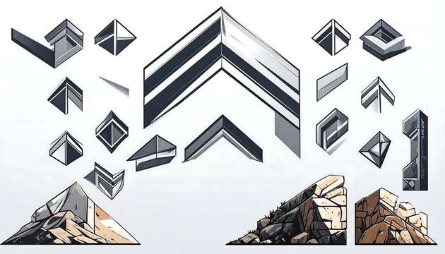 Geometric, angular shapes & rock fragments in varied gray scales above a blurred, soft white gradient backdrop