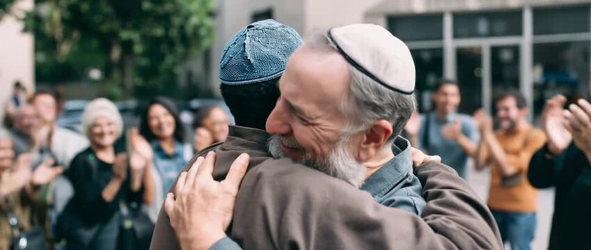 A Muslim guy and a Jewish man are hugging peacefully on a street while applause can be heard in the background.