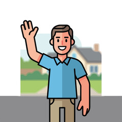 Fototapeta premium A cartoon man waving in front of a house