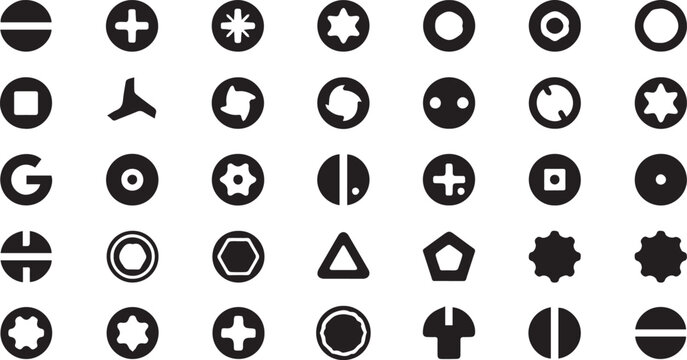 Screw Head Drive Types Silhouette Icon Set, Black Vector Symbols of Top View Fastener Heads including Phillips, Slotted, Hex, and Torx