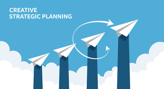 Paper airplanes flying over rising bar charts illustrate creative strategic planning and successful business growth concepts.