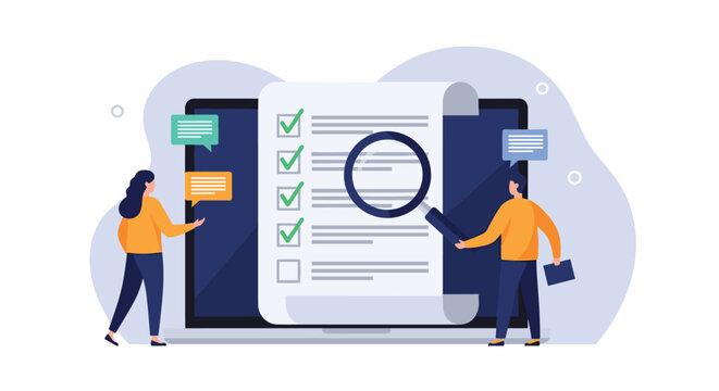 Professional team reviews a large digital checklist on a laptop screen with a magnifying glass for detailed quality assurance.