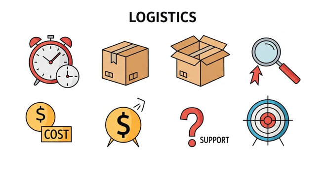 Logistics and Supply Chain Management Icons - Time, Boxes, Cost, Support, and Target.