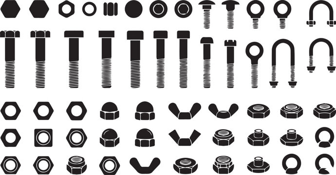 Set of nut and bolt silhouettes black vector icons of industrial fasteners and hardware equipment in minimal flat style isolated on transparent background