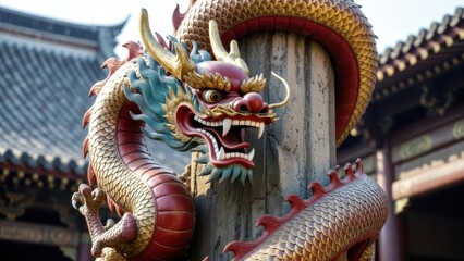 Fototapeta premium Ornate Decorative Dragon Sculpture on Ancient Temple Pillar