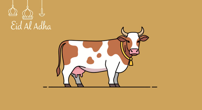 Cute cartoon spotted cow with horns and bell wearing collar standing on brown surface text Eid Al Adha lantern drawings above head cultural religious holiday celebration concept agriculture
