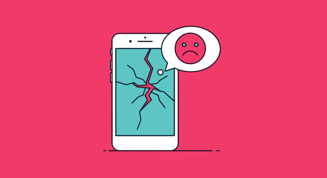 Broken smartphone screen with a sad face notification bubble on a pink background illustrates mobile device damage and repair.
