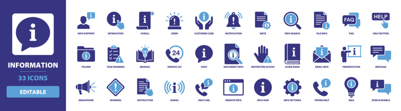 Information icon set with solid glyph symbols for customer support, help button, manual instruction, website info sign, faq, message notification, guide book, and faq service desk.