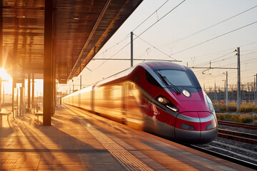 Fototapeta premium A sleek red high speed train arrives at a modern platform during a beautiful sunset