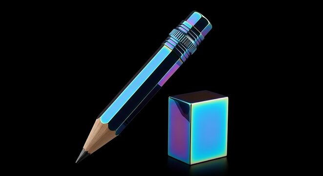3D rendered iridescent pencil and eraser on a stark black background