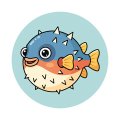 A cartoon pufferfish with a blue head and white belly © PANGERANDESIGN