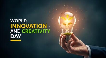 Professional businessman holding glowing light bulb with green plant inside celebrating world innovation and creativity day for sustainability.